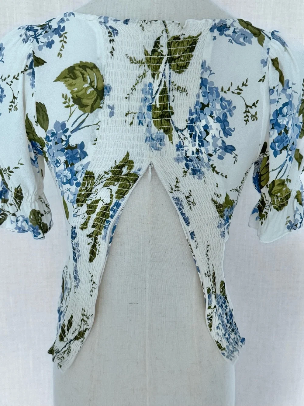 Reformation Constance Floral Print Puff Sleeve Top White Blue Green Size 0